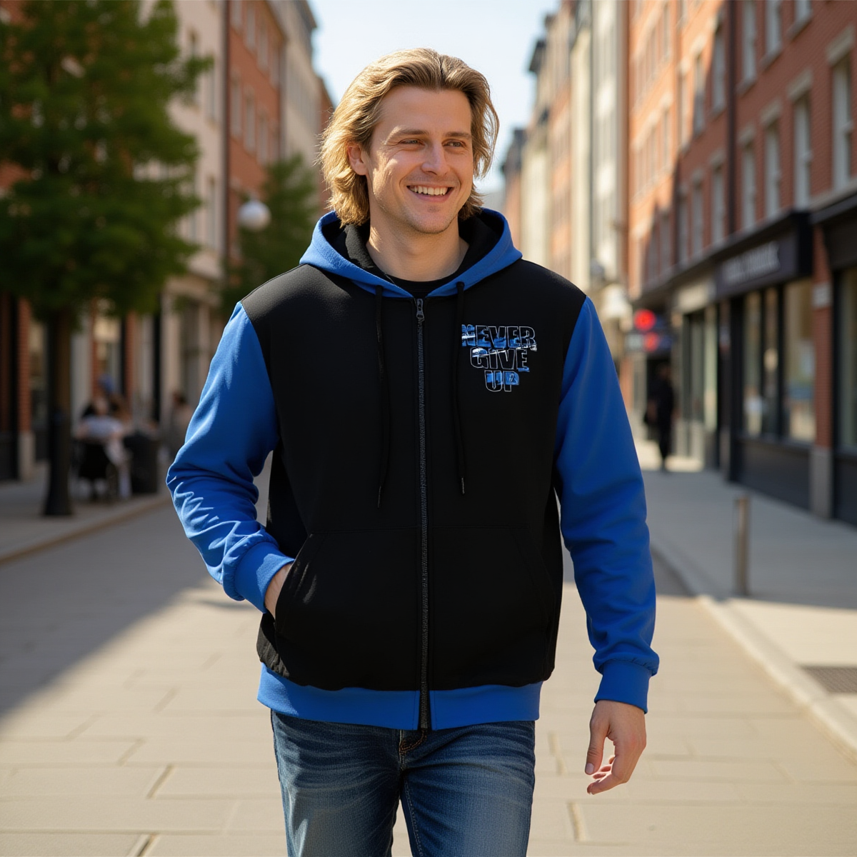 Never Give Up / Unisex Cotton Hoodie With Zipper Closure